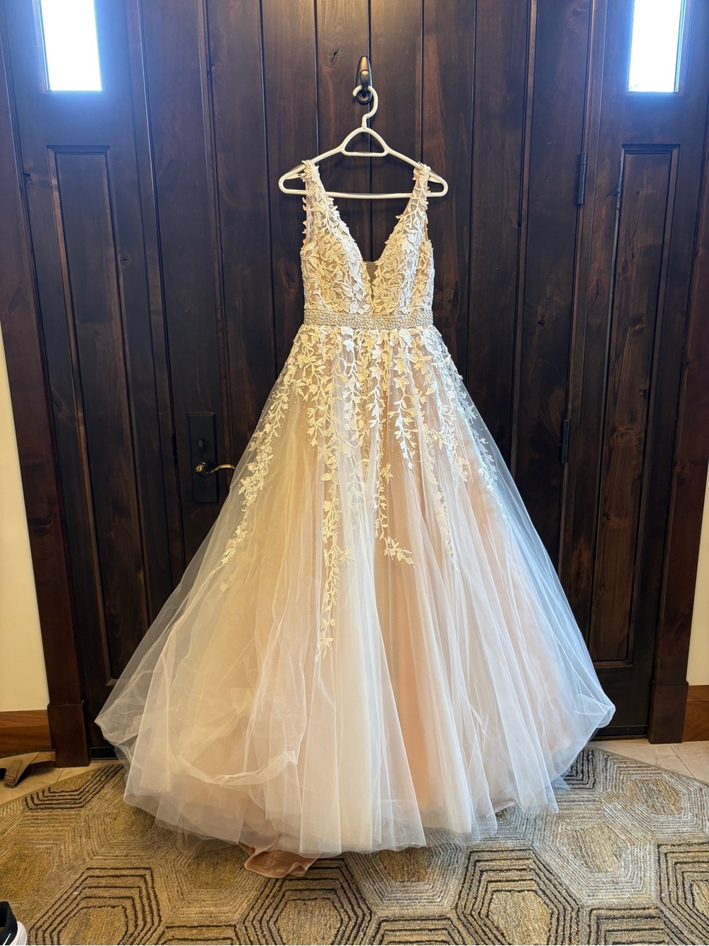Romantic V-Neck Lace A-Line Tulle Gown in Blush